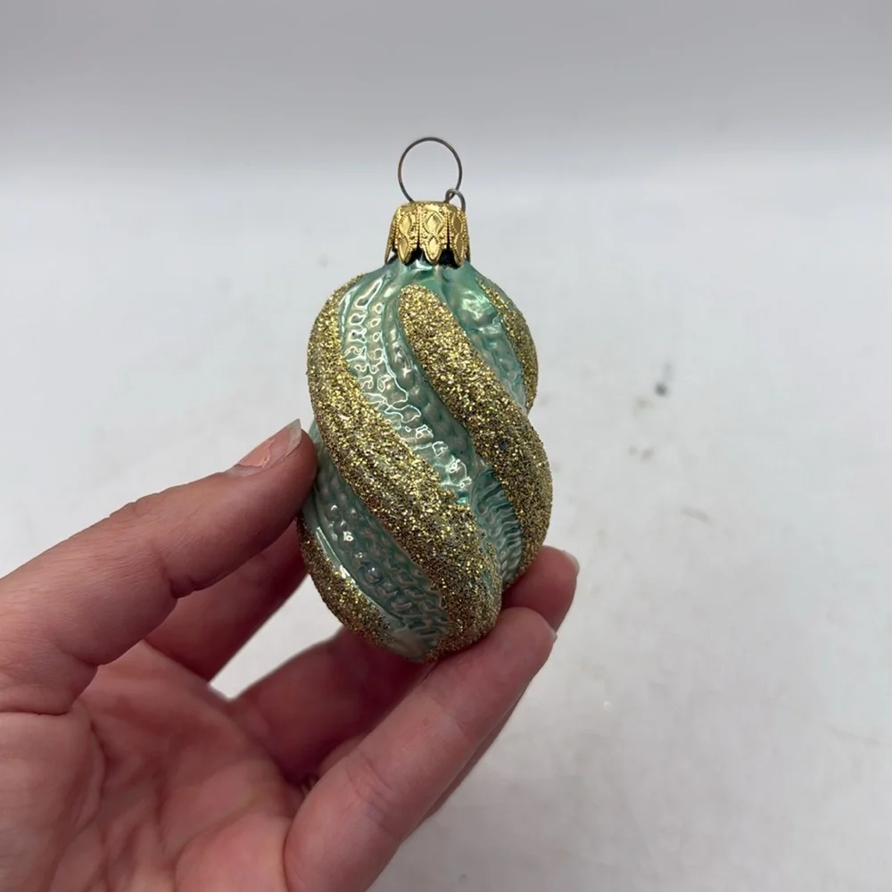 Vtg W Germany Gold Blue Glitter Christmas Glass Ornament Set 5 Collectible Swirl